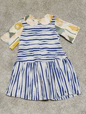 Girls' Blue and White Striped Casual Dress with Patterned Sleeves